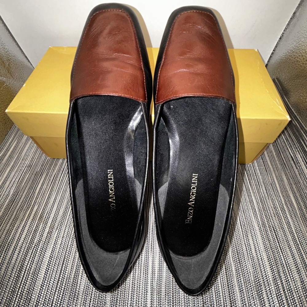 Enzo Angiolini Liberty Black Brown Leather Square Toe Flats Loafers 6M Italy